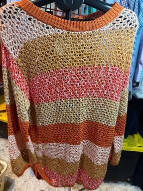 FP Beach Sweater Size M Pink Combo Striped Open Knit Long Sleeve and pants